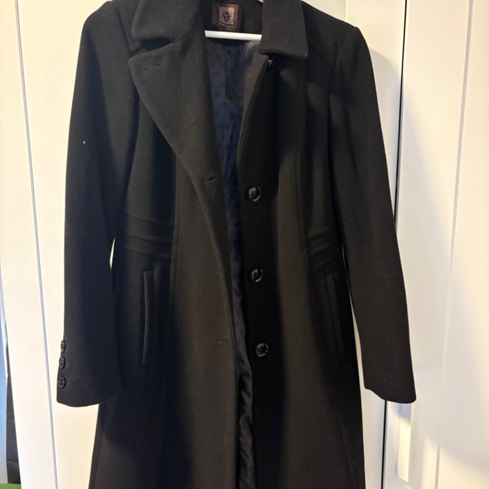 Black Anne Klein Collared Button-Front Walker Coat - Picture 3 of 4